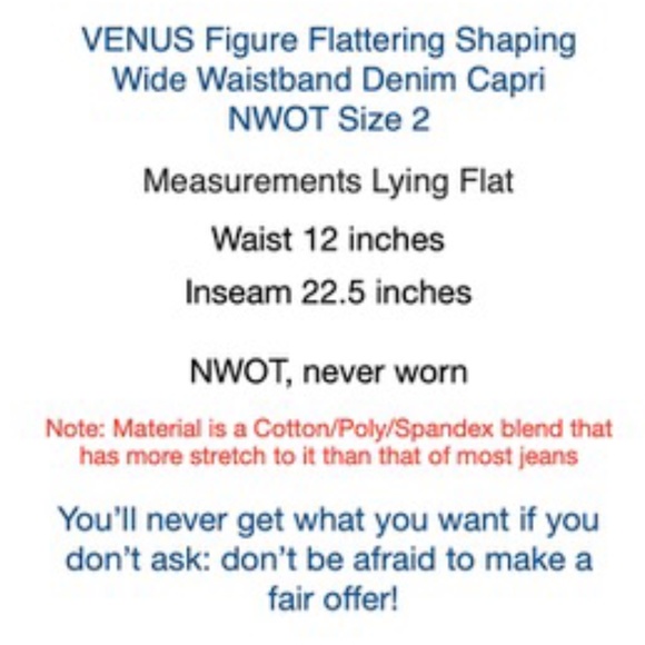 VENUS Figure Flattering Shaping Denim Capri NWOT 2 - Picture 10 of 10